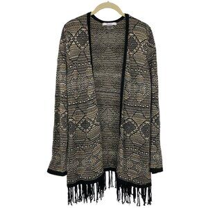 TanJay  Tan / Brown Abstract Print Open Cardigan Fringe hem size M